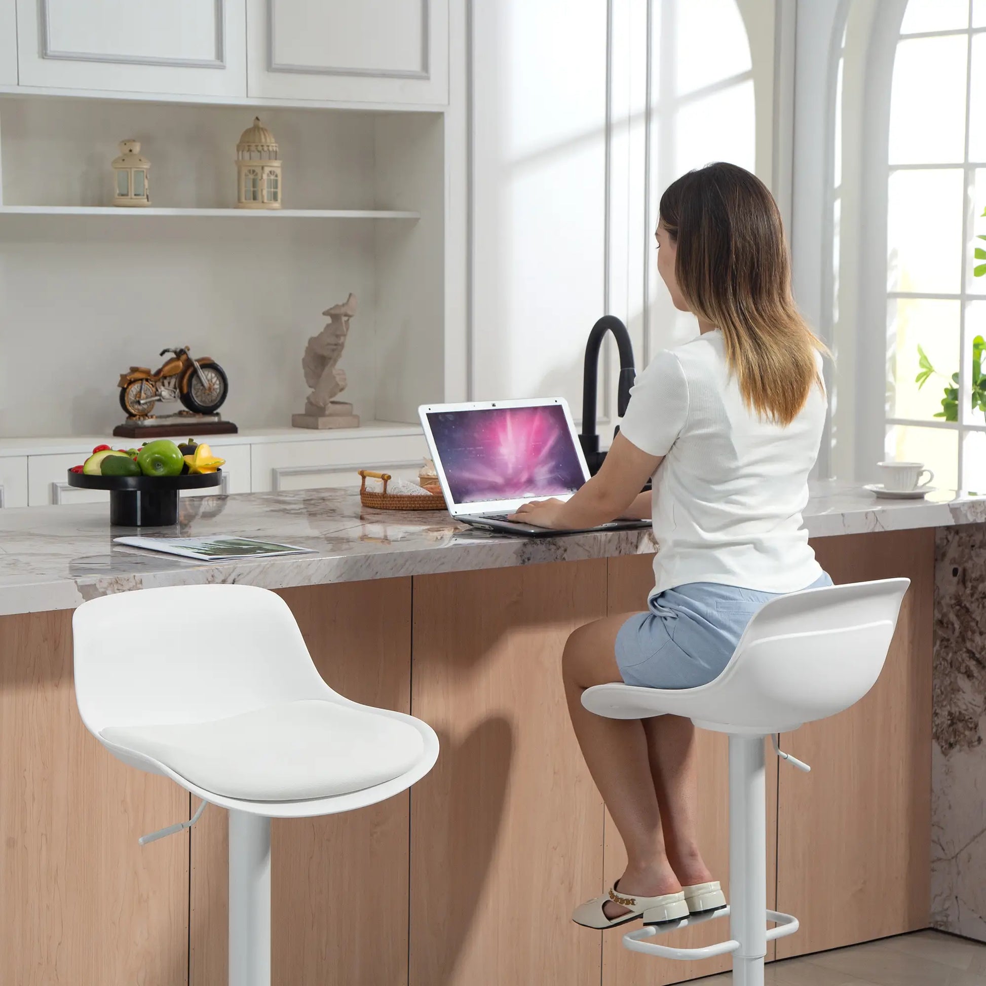 Counter Height Bar Stools Set of 2, Adjustable Swivel PU Leather, White Bar Stools at Gallery Canada