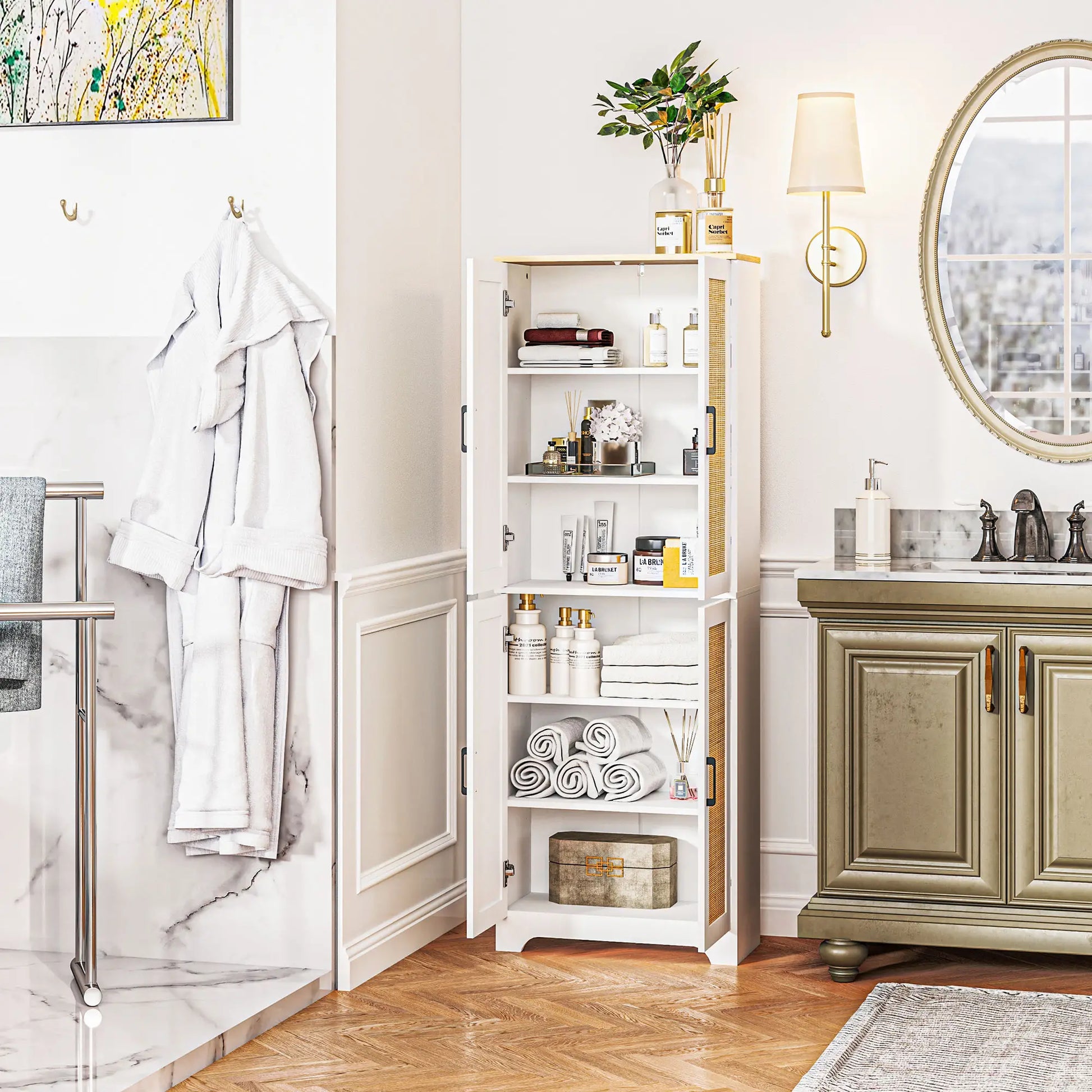 67" Tall Kitchen Pantry, Freestanding Cabinet, 4 Rattan Doors, Adjustable Shelves, White Storage Cabinets at Gallery Canada