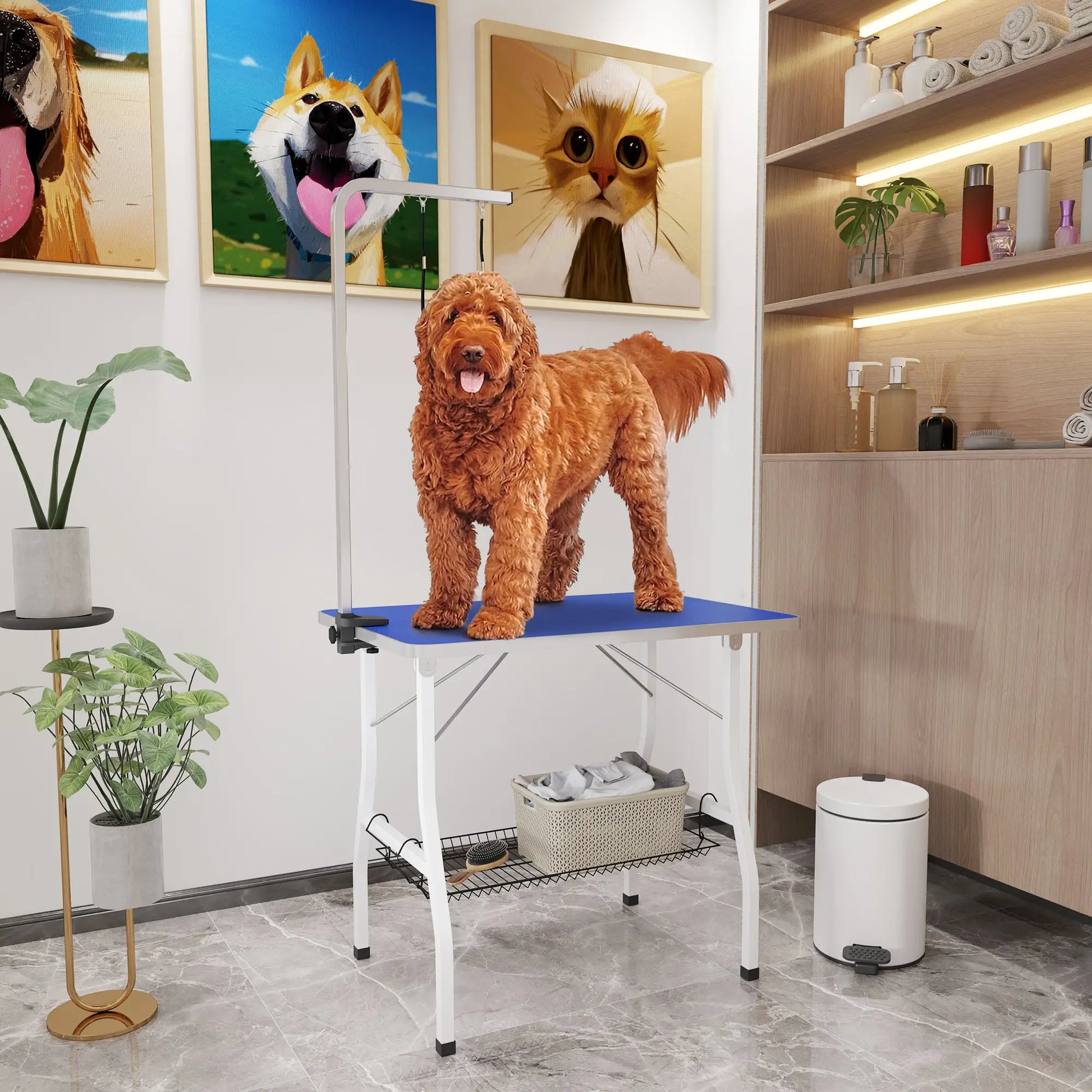 Dog Grooming Table, Adjustable Arm, Mesh Tray, 35" x 24" x 61", Blue Dog Grooming Tables at Gallery Canada