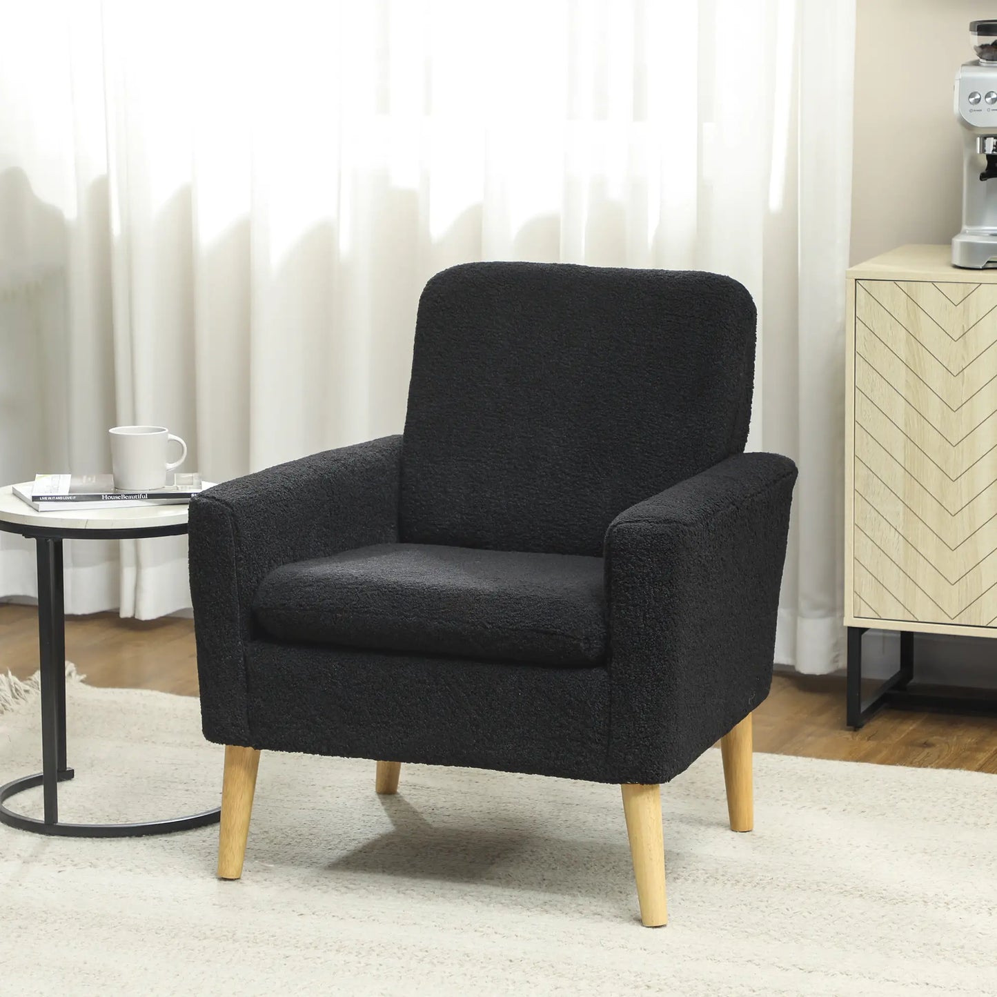 Modern Fabric Accent Chair, Upholstered Armchair with Wood Legs, Black Accent Chairs at Gallery Canada