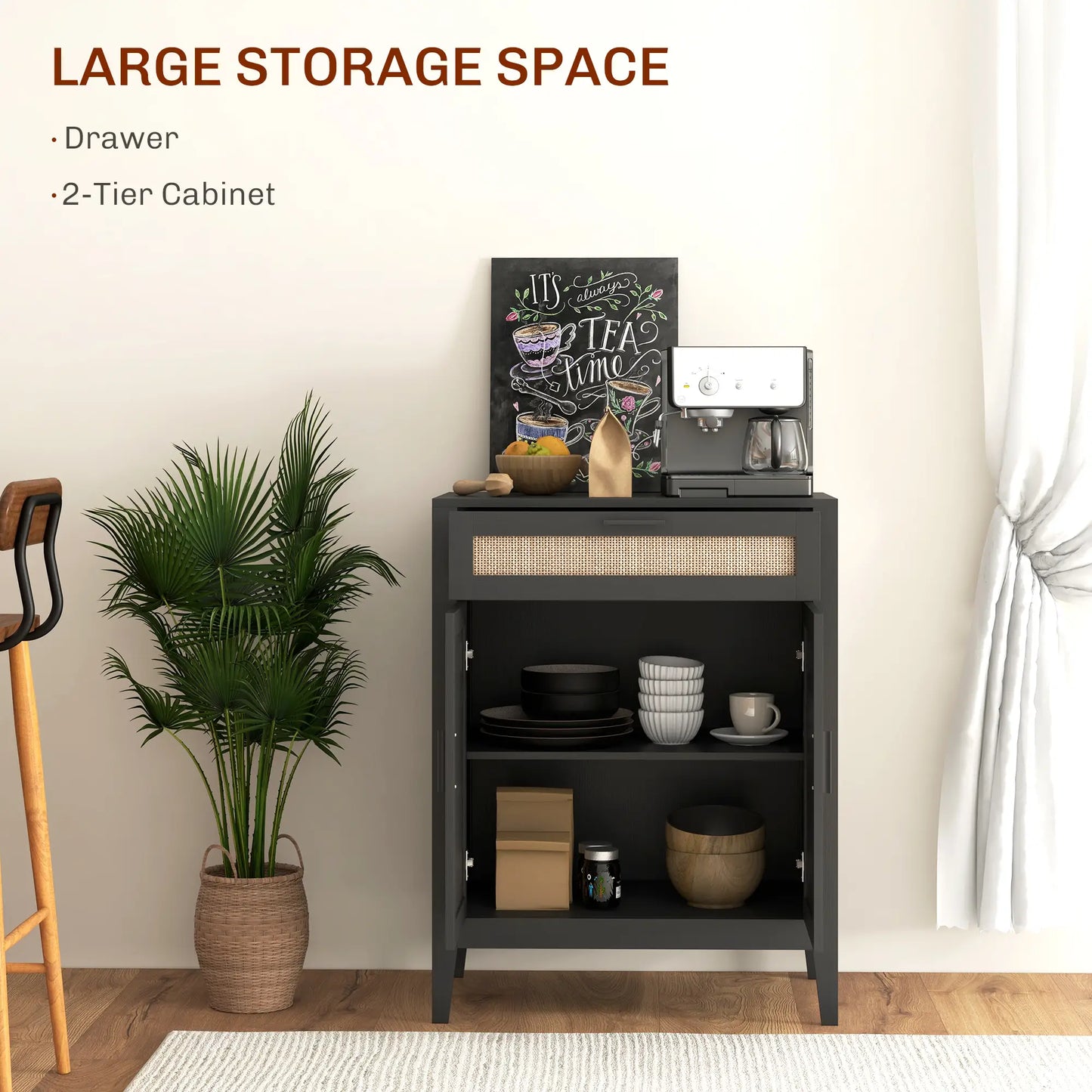 Boho Kitchen Sideboard, 2 Rattan Doors, Drawer, Black Storage Cabinets at Gallery Canada