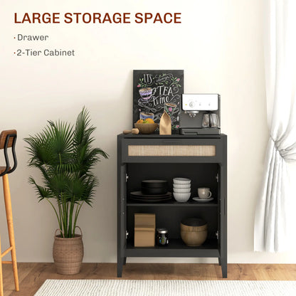 Boho Kitchen Sideboard, 2 Rattan Doors, Drawer, Black Storage Cabinets at Gallery Canada