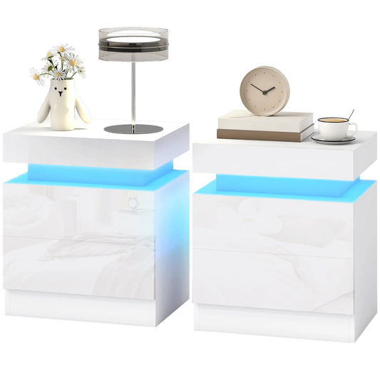Nightstand Set of 2, LED Lights, 2 Drawers, White Bedside Tables White at Gallery Canada