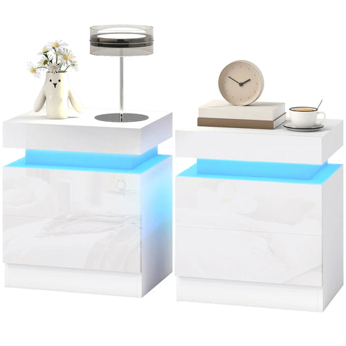 Nightstand Set of 2, LED Lights, 2 Drawers, White