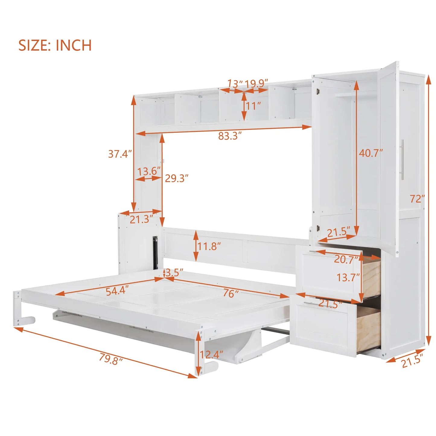 Murphy Bed with Closet, Drawers, 107.5" L x 58" W x 72" H, White Bed Frames at Gallery Canada