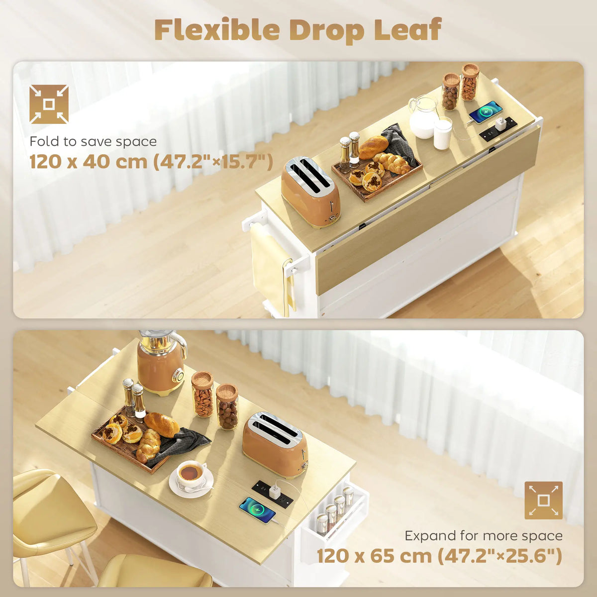 Kitchen Island Cart with Power Outlet, Drop Leaf, 55 Inch, White Kitchen Islands & Kitchen Carts at Gallery Canada