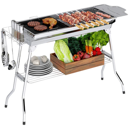 Portable Charcoal Grill, Stainless Steel, Folding With Shelf