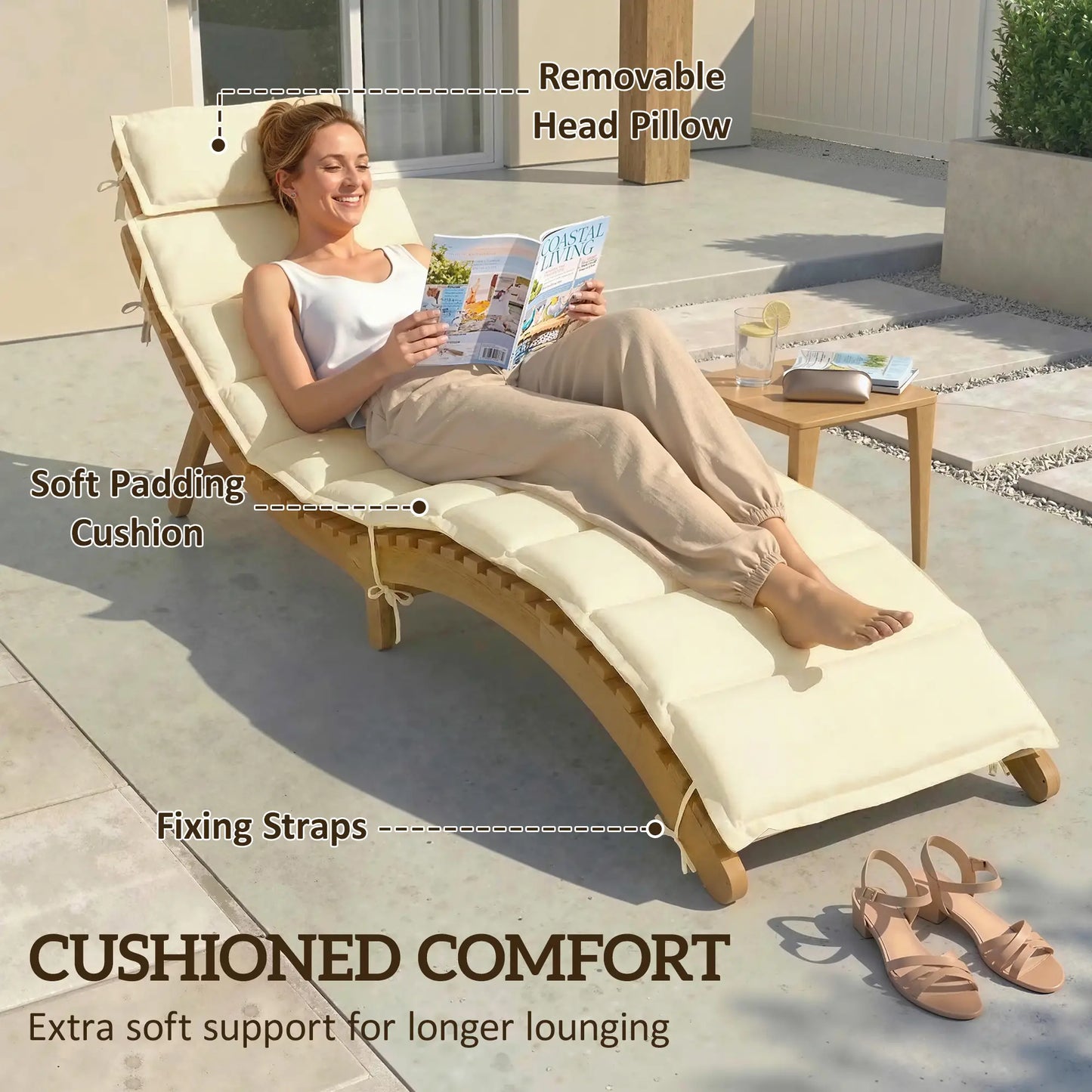 Folding Chaise Lounge Chair, Acacia Wood, Tanning, Cream White Lounger Chairs at Gallery Canada