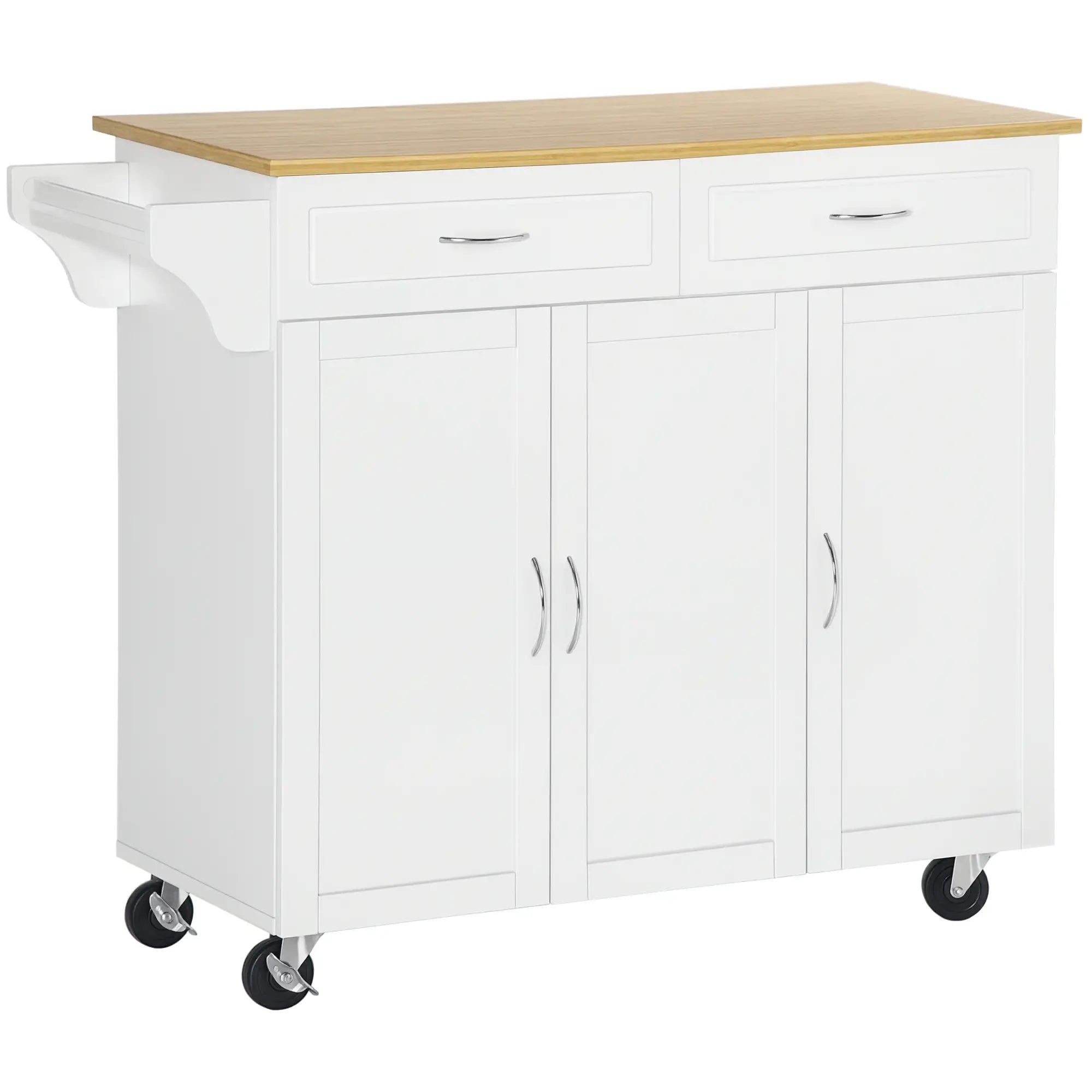 Kitchen Cart with Storage, Bamboo Countertop, Drawers, White Kitchen Islands & Kitchen Carts White at Gallery Canada