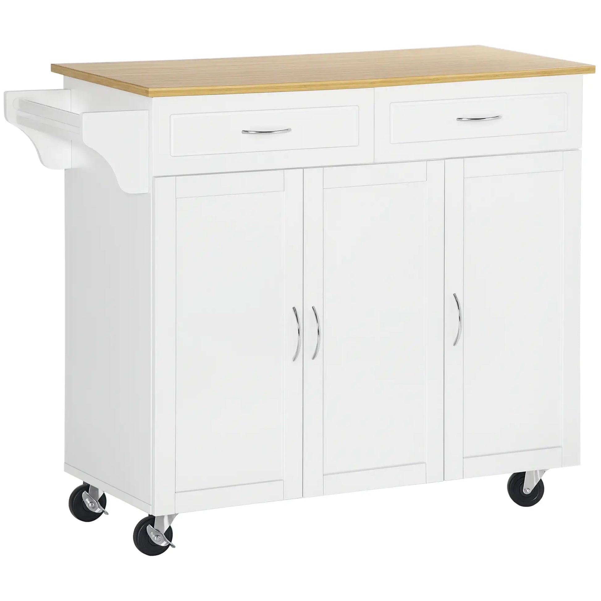 Kitchen Cart with Storage, Bamboo Countertop, Drawers, White Kitchen Islands & Kitchen Carts White at Gallery Canada