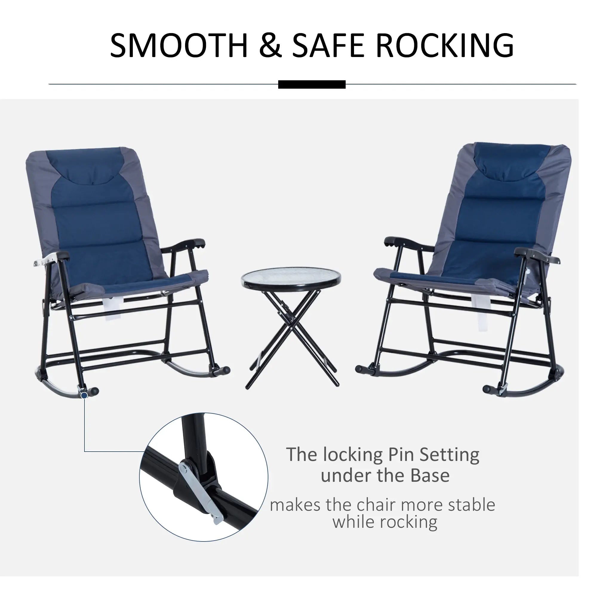 3pc Foldable Rocking Chair Set, Outdoor Bistro w/ Padded Seat, Blue Outdoor Rocking Chairs at Gallery Canada