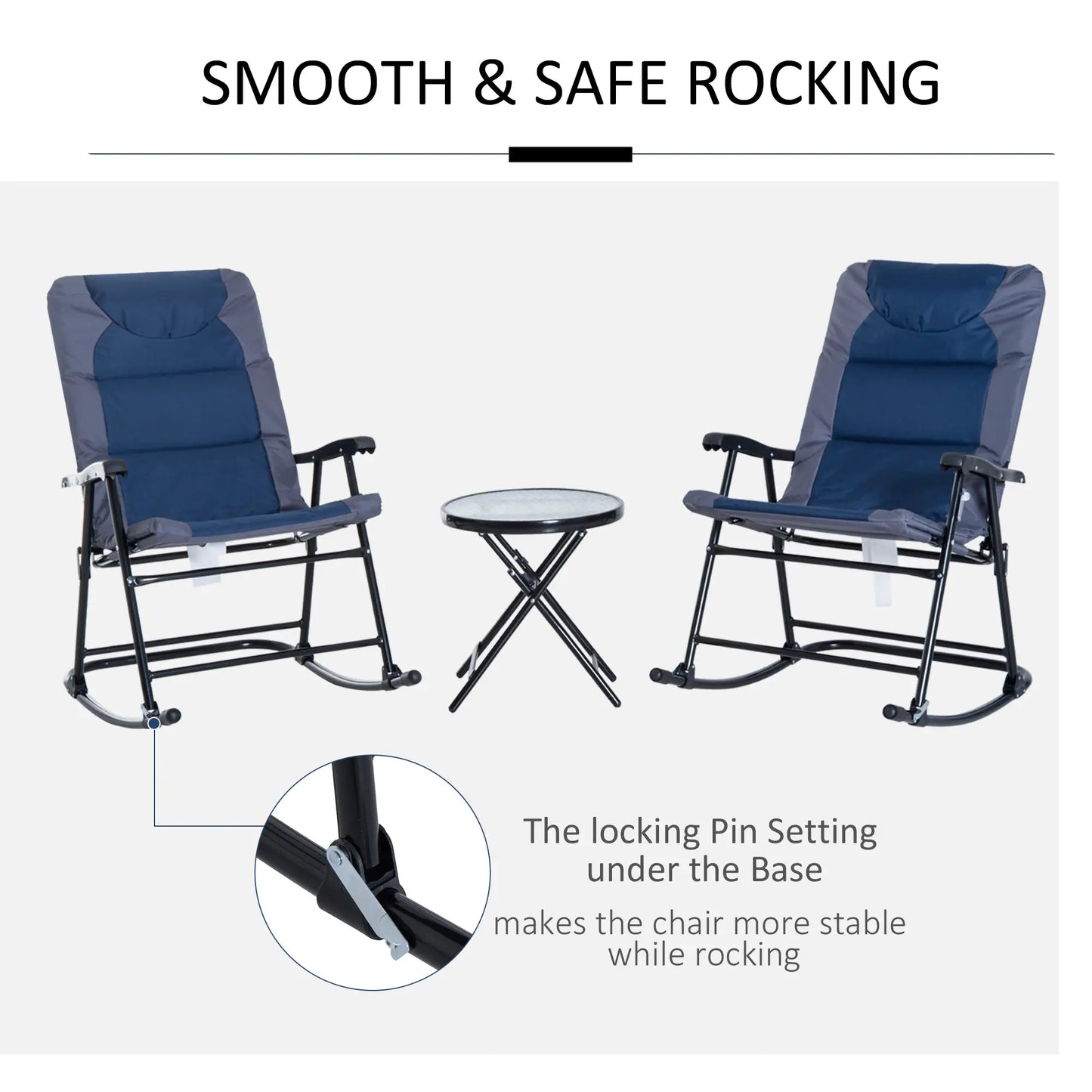 3pc Foldable Rocking Chair Set, Outdoor Bistro w/ Padded Seat, Blue Outdoor Rocking Chairs at Gallery Canada