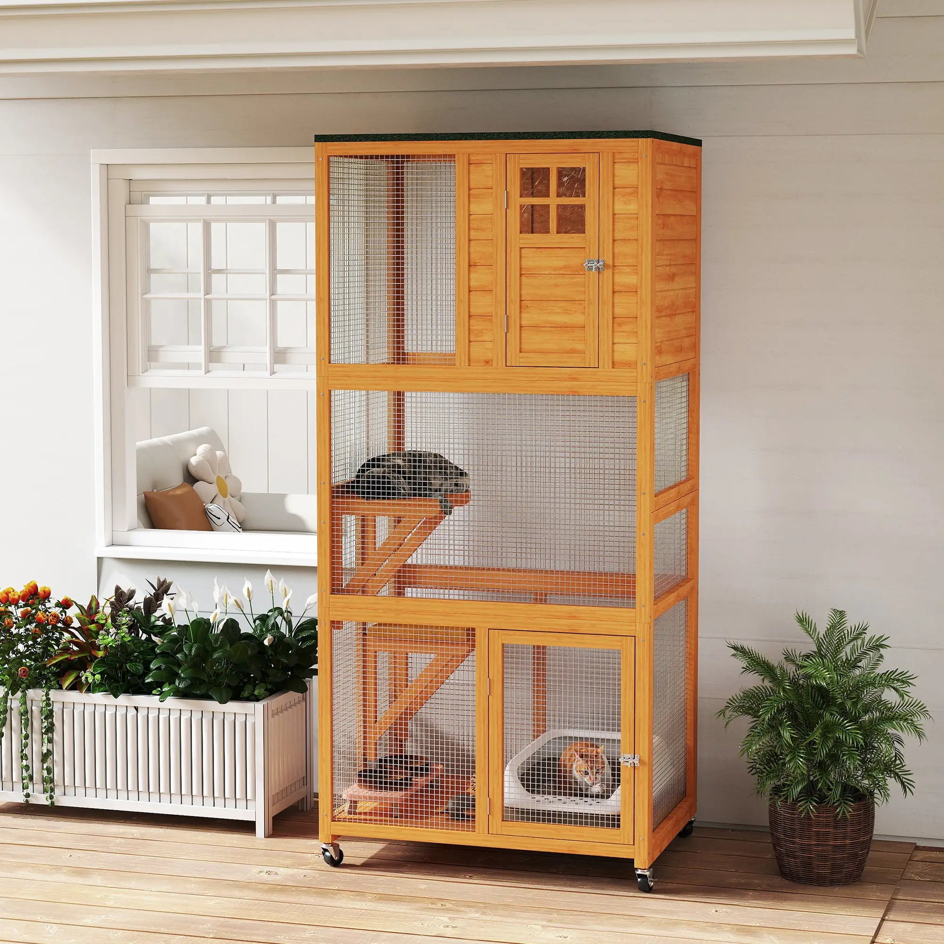 74" Wooden Outdoor Cat House, Weatherproof, Wheeled, High Weight Capacity, Orange Outdoor Cat Enclosures at Gallery Canada