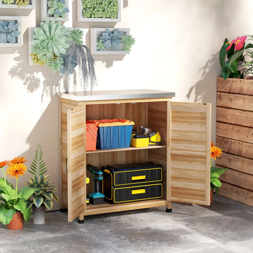Outdoor Potting Bench Table, Metal Tabletop, Shelf, Double Doors, Natural