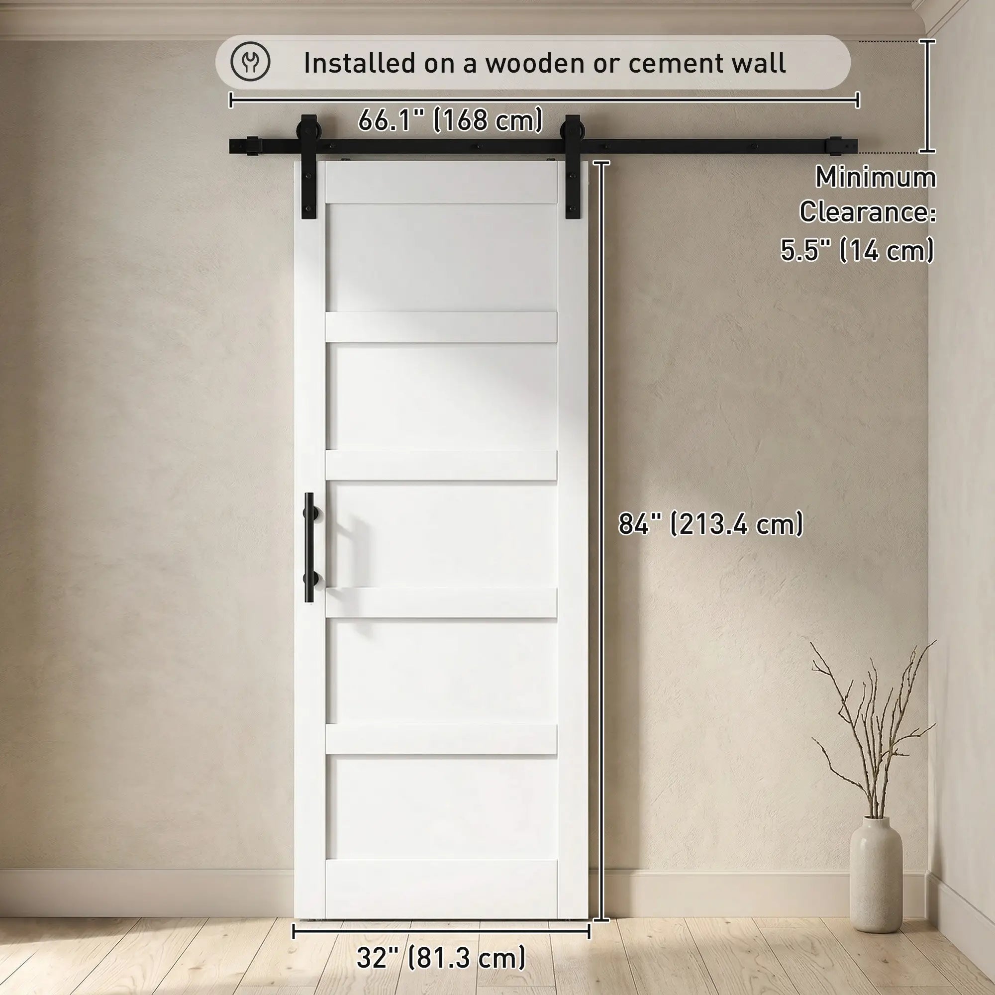 32x84 Sliding Barn Door with Hardware Kit, Shaker Style, White Wood Grain, White Door Hardware at Gallery Canada