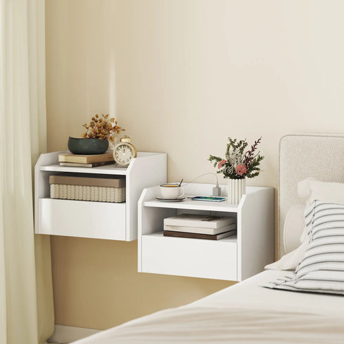Wall Mounted Bedside Table Set of 2, Charging Station, Drawer, Shelf, White