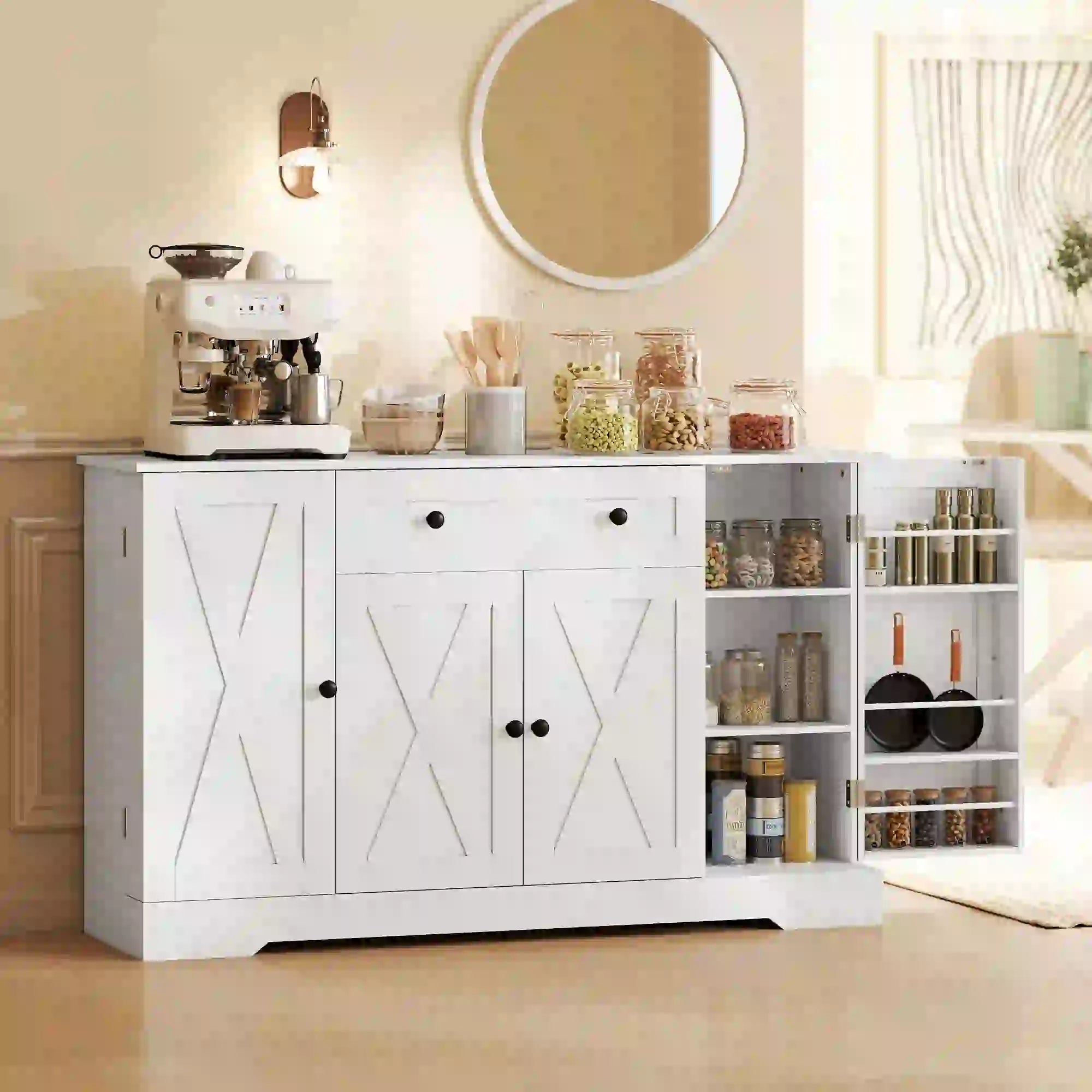 Farmhouse Sideboard Buffet Cabinet, Adjustable Shelves, Barn Doors, White Bar Cabinets at Gallery Canada