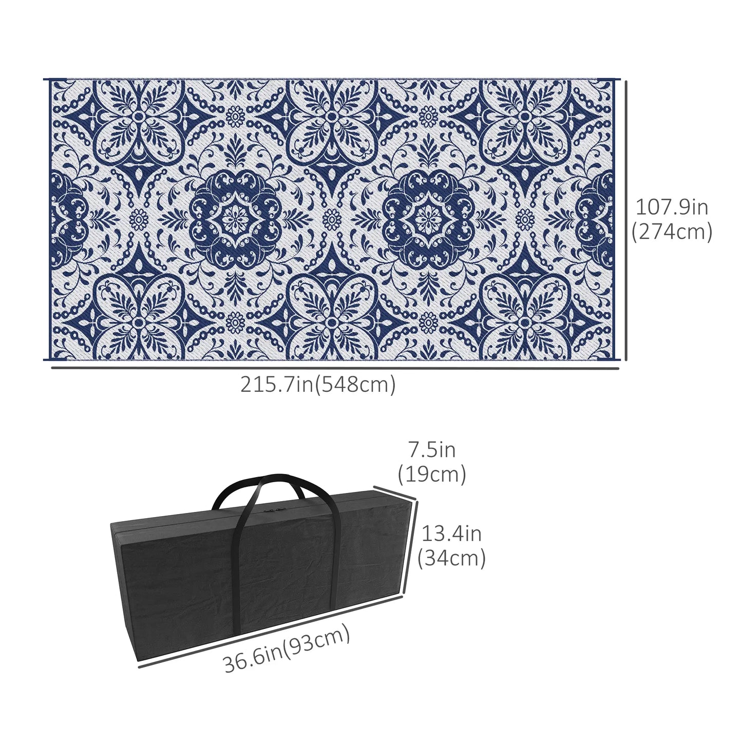 Portable Outdoor Rug, 9' x 18', Waterproof, White Flower, Blue Outdoor Reversible Rugs at Gallery Canada