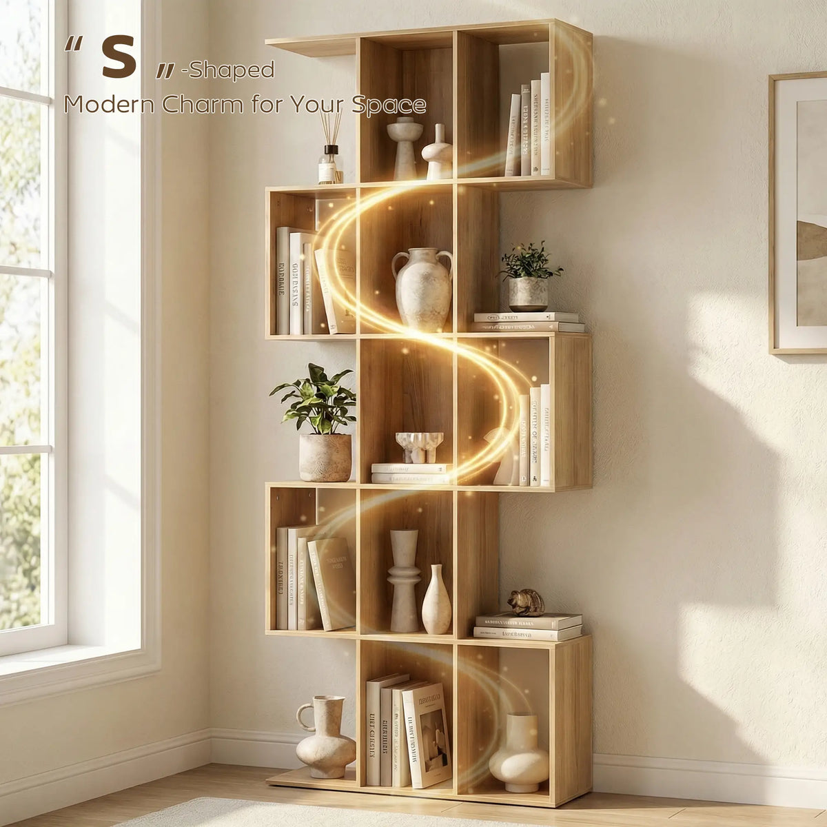 5-Tier S Shaped Geometric Bookcase, 15 Compartments, Oak