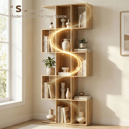5-Tier S Shaped Geometric Bookcase, 15 Compartments, Oak