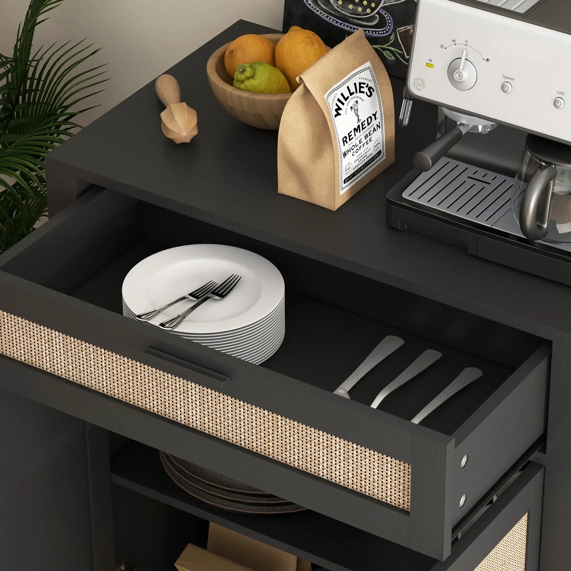 Boho Kitchen Sideboard, 2 Rattan Doors, Drawer, Black Storage Cabinets at Gallery Canada