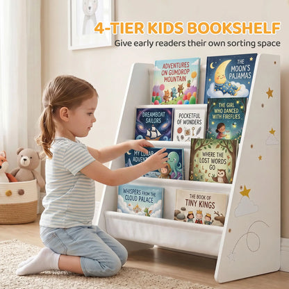 Fabric Kids Bookshelf, 4-Tier Toddler Sling Book Rack, White