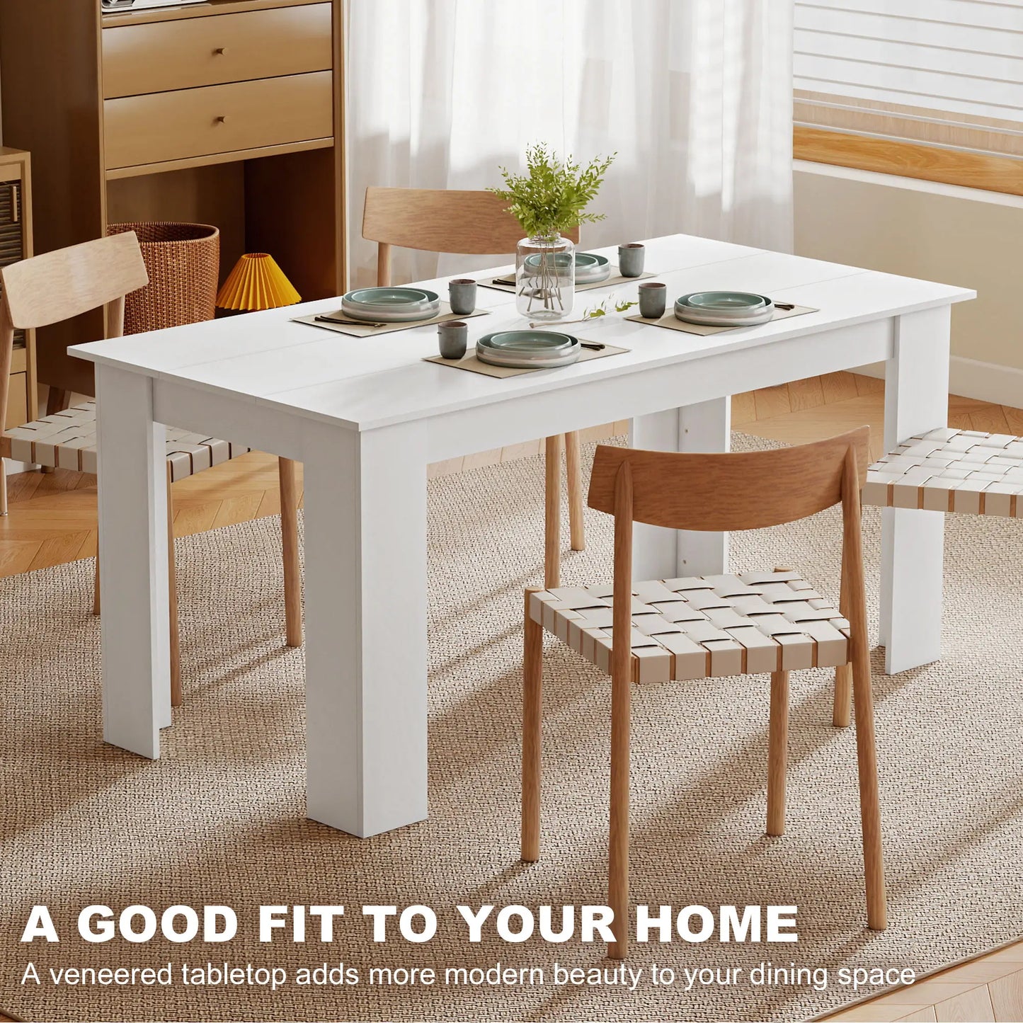 63" Kitchen Table for 4-6 People, Wood Effect, White Dining Tables at Gallery Canada