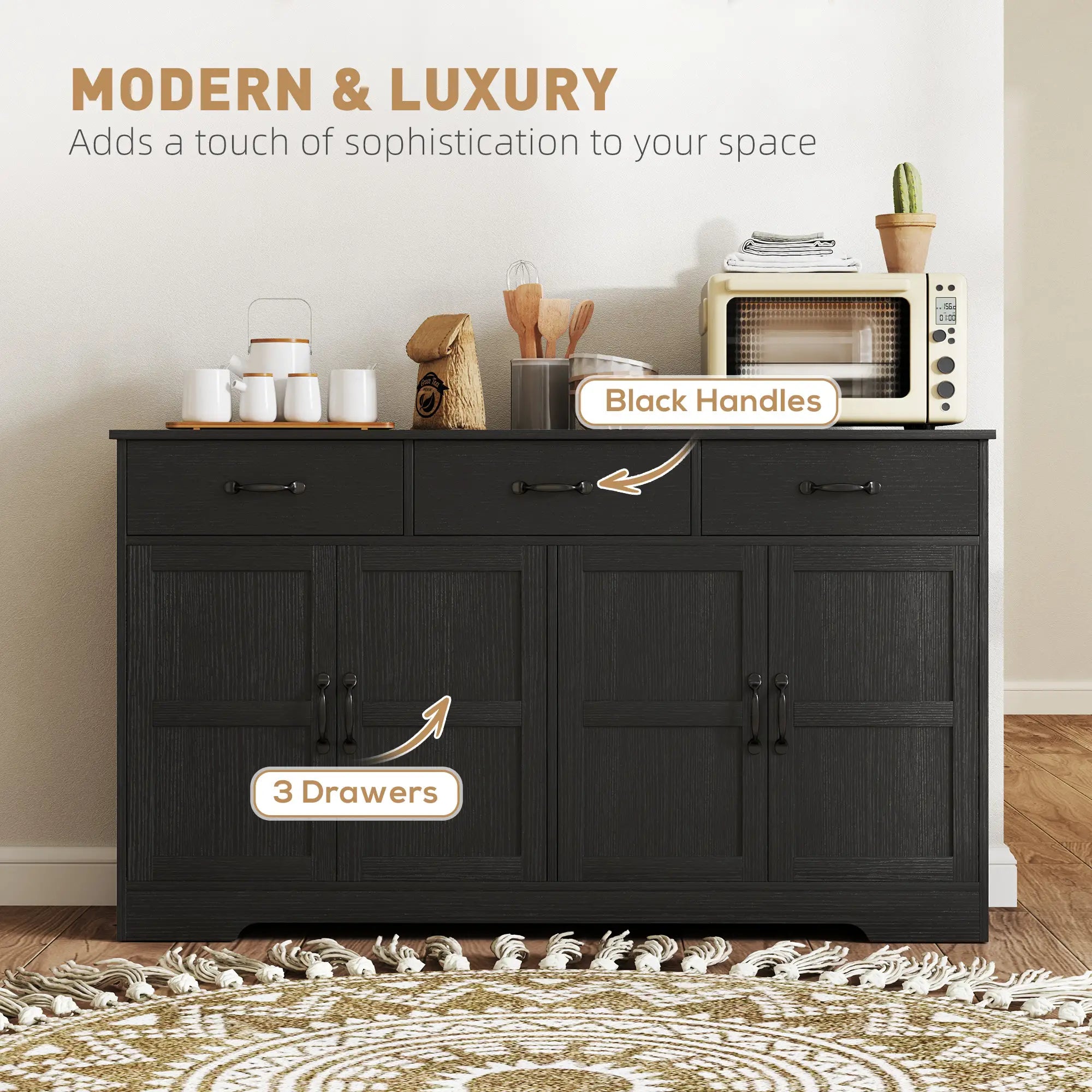 Modern Sideboard Buffet Cabinet, 3 Drawers, Adjustable Shelves, Distressed Black, Black Bar Cabinets at Gallery Canada