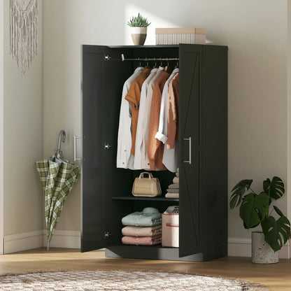 Barn Door Wardrobe Cabinet, 2 Doors With Hanging Rod, Wood Effect, Black Clothing Storage at Gallery Canada