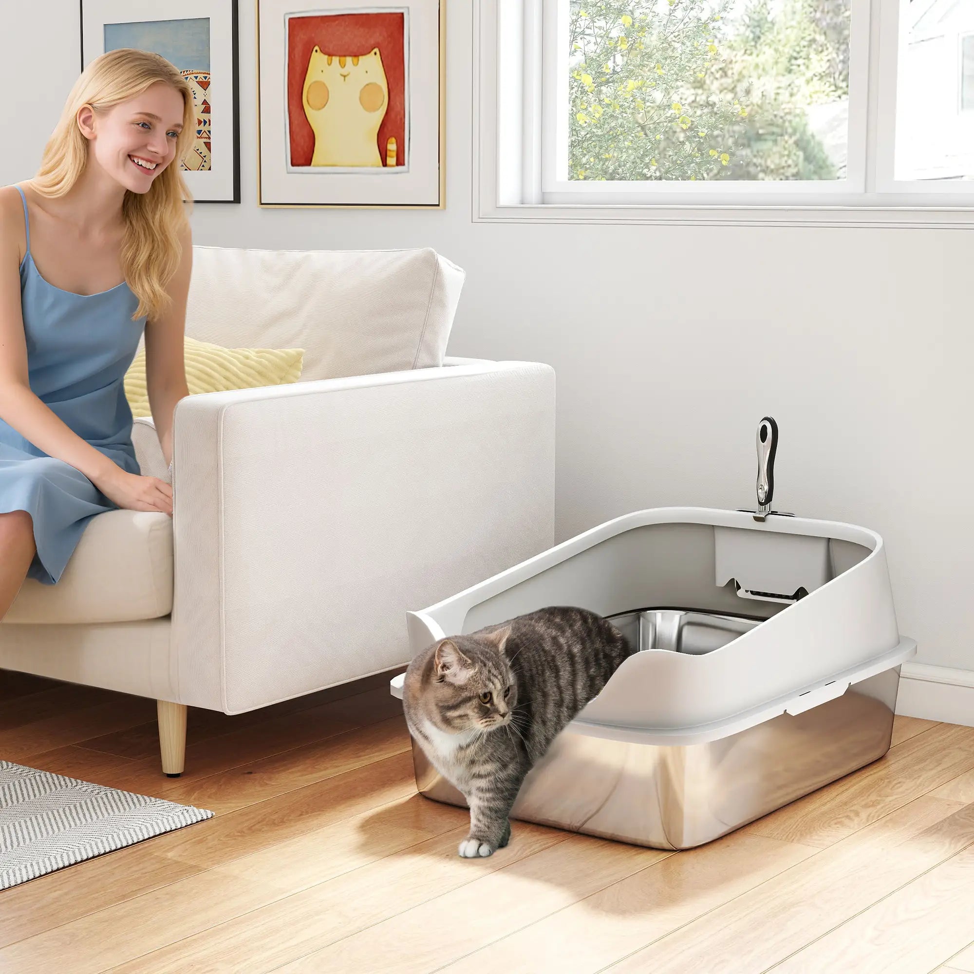 Stainless Steel Cat Litter Box, Metal Scoop, Anti Leakage, 24