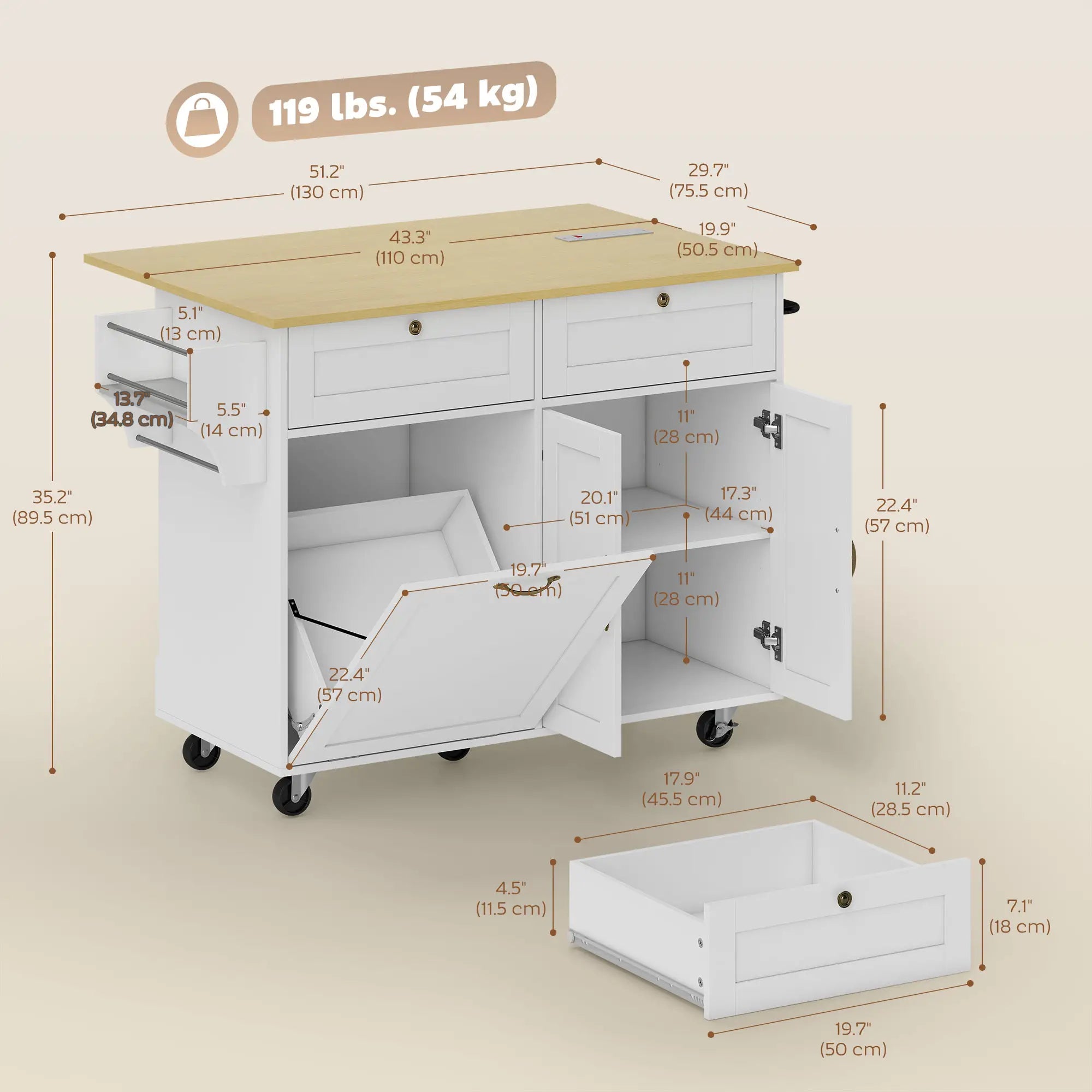 Kitchen Island Cart with Charging Station, Drop Leaf, Trash Can Cabinet, White Kitchen Islands & Kitchen Carts at Gallery Canada