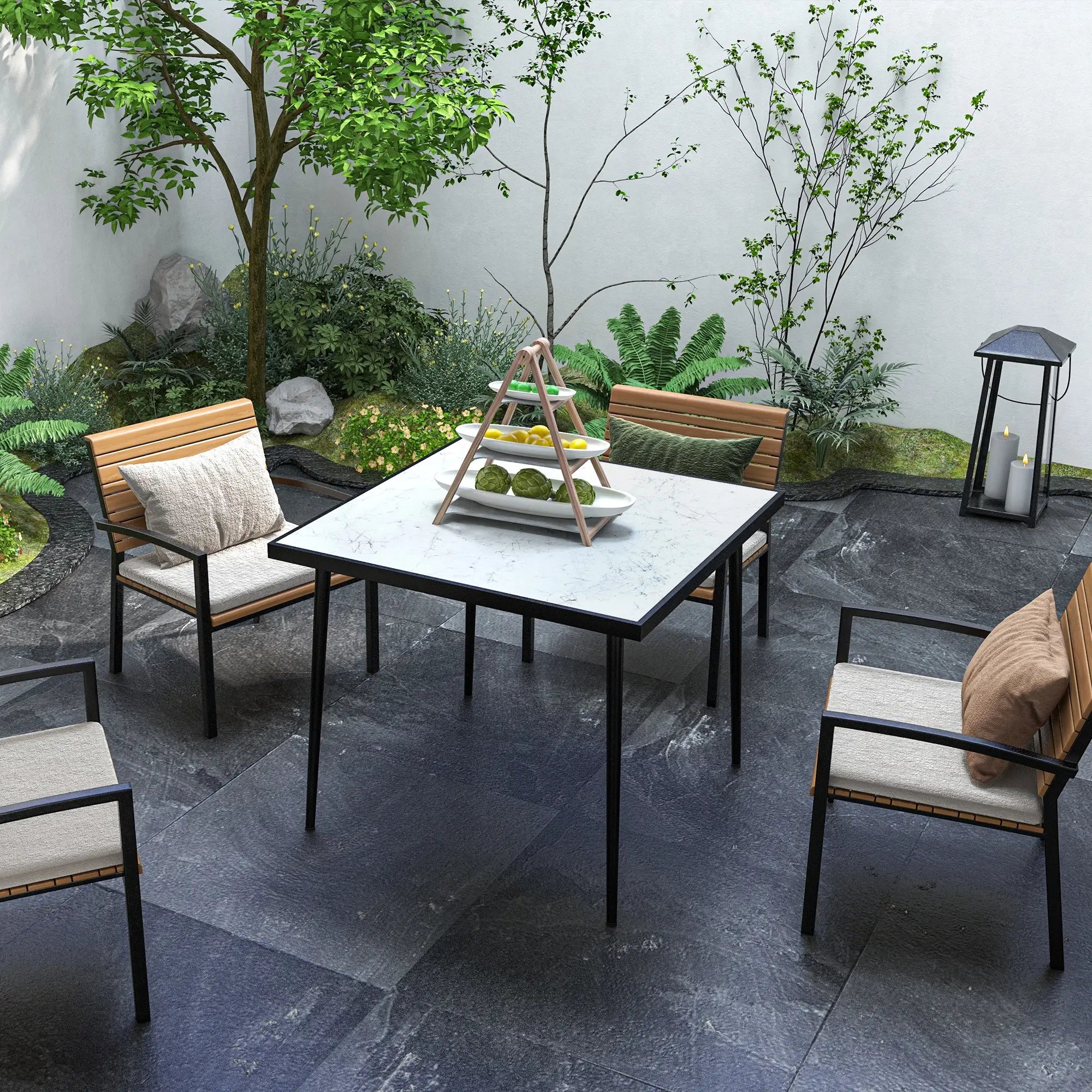 Square Outdoor Dining Table for 4, Marble Effect Glass Top, Steel Frame, White Patio Dinning Tables at Gallery Canada