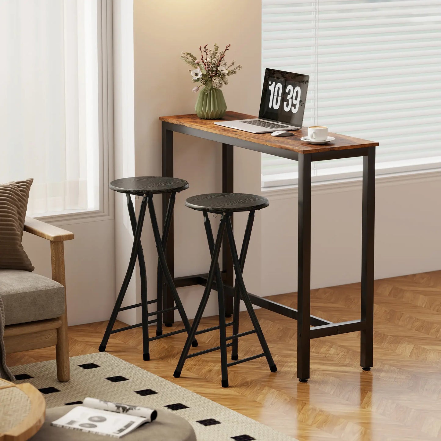 Set of 2 Foldable Barstools, Counter Height with Footrest, Steel Legs, Black Bar Stools at Gallery Canada