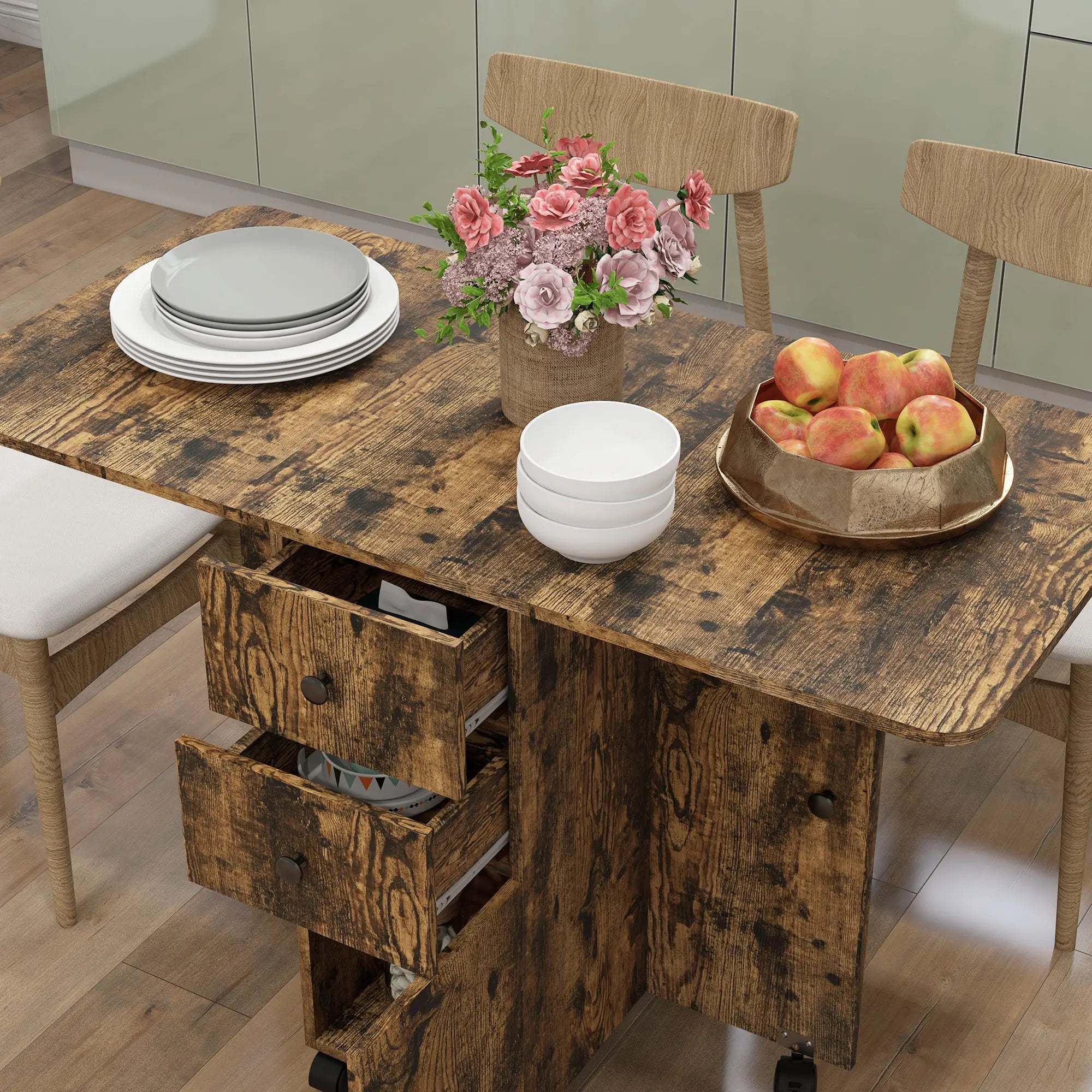 Drop Leaf Dining Table, Mobile Folding Table With Drawers, Rustic Brown, Brown Bar Tables & Dining Tables at Gallery Canada
