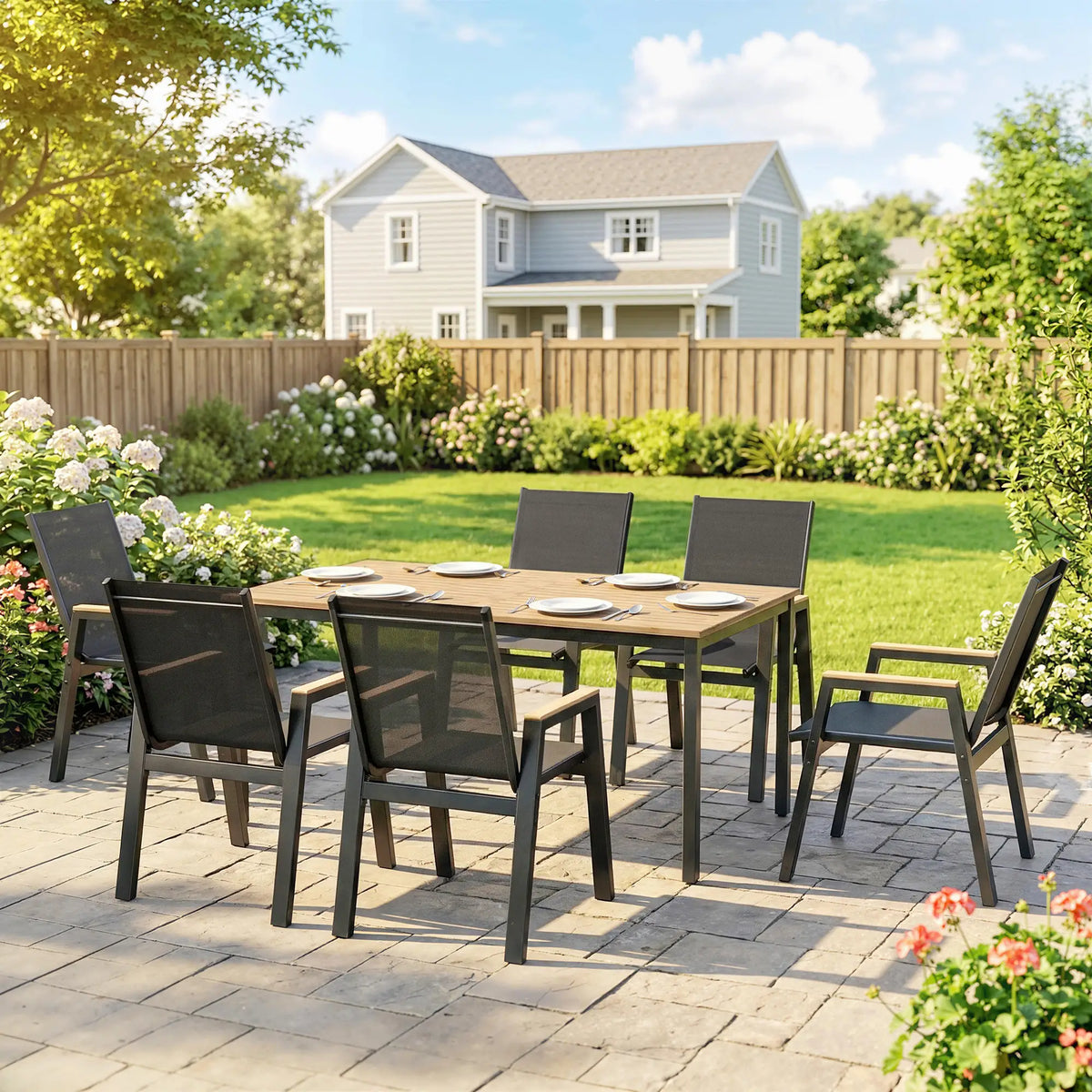 7 Piece Outdoor Dining Set, Rectangle Patio Table, 6 Mesh Chairs
