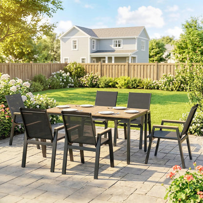 7 Piece Outdoor Dining Set, Rectangle Patio Table, 6 Mesh Chairs