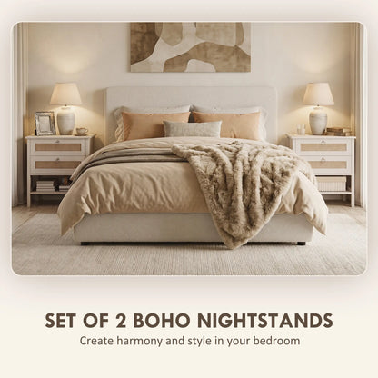 Set Of 2 Rattan Nightstands, 2 Drawers, Storage Shelf, White Oak Bedside Tables at Gallery Canada