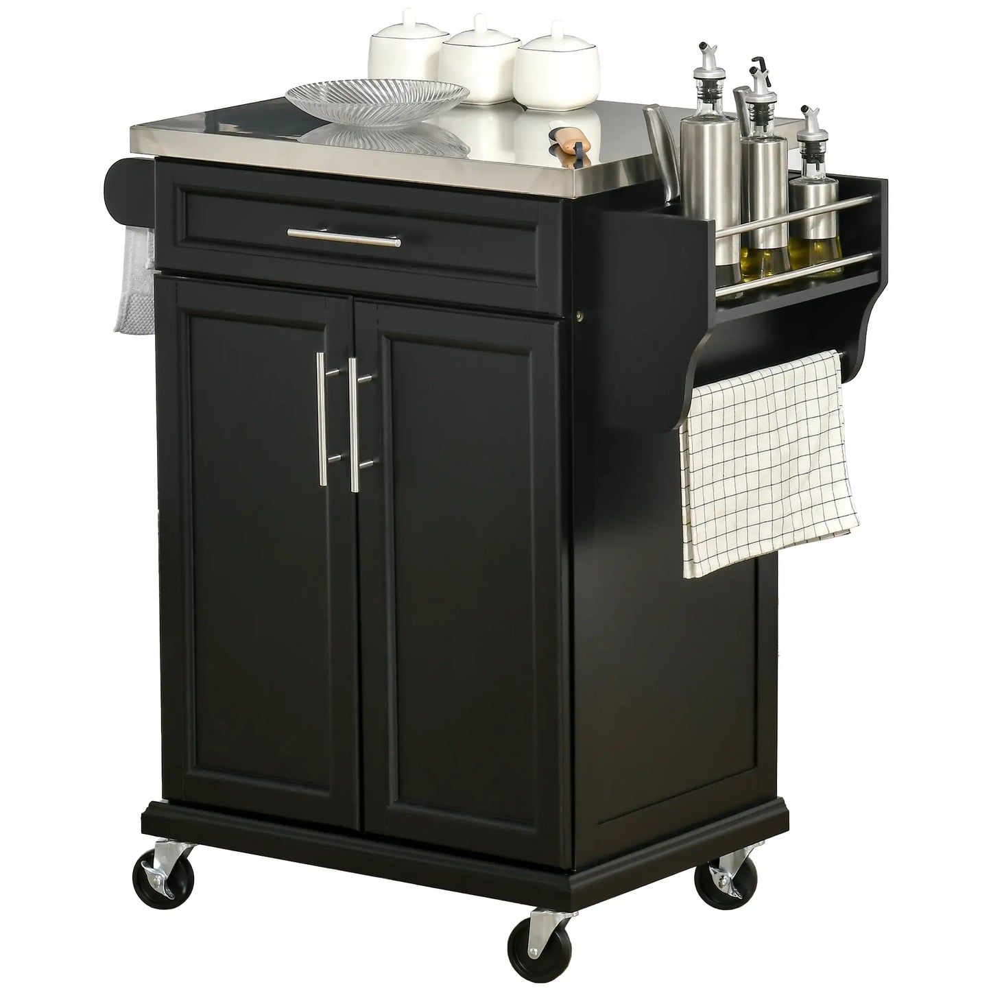 Kitchen Island with Stainless Steel Top, Rolling Cart, Storage Drawer, Black Kitchen Islands & Kitchen Carts Black at Gallery Canada