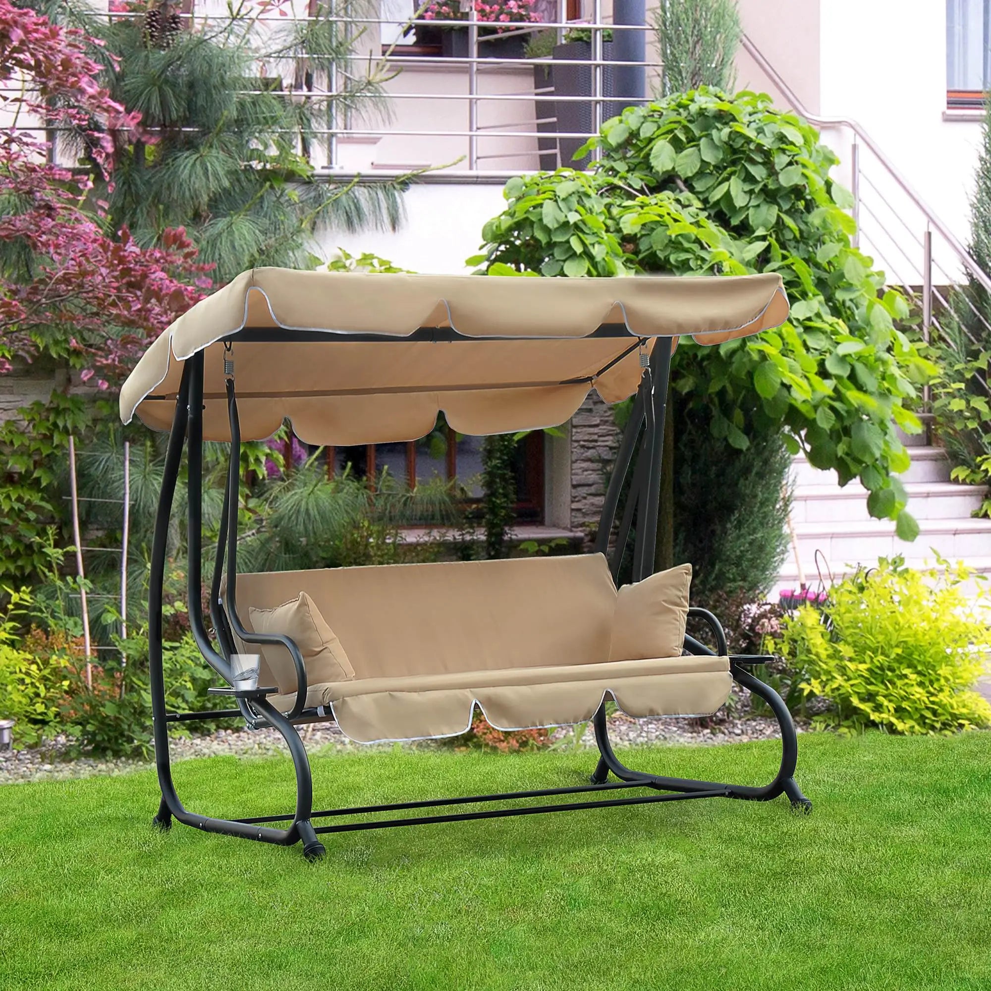 3-Seat Outdoor Swing Chair, Convertible Flat Bed, Adjustable Canopy, Beige Patio Swings with Stand at Gallery Canada