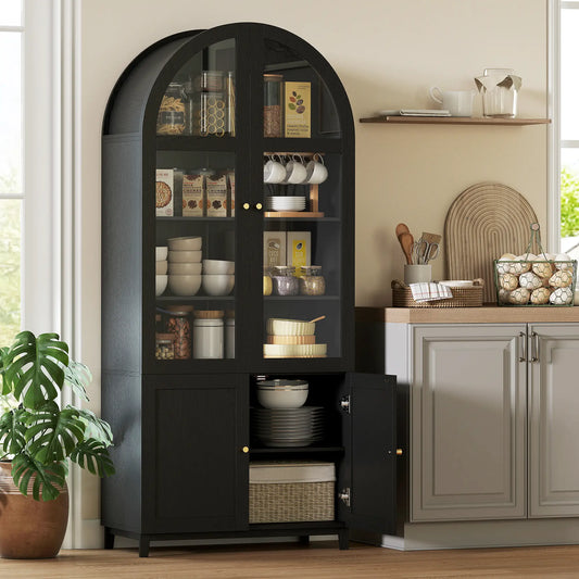 Arched Kitchen Pantry Cabinet, 71" Tall, Adjustable Shelves, Acrylic Doors, Black