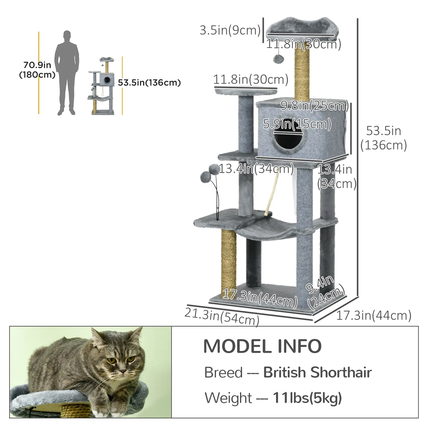 54" Cat Tree for Large Cats, Hammock, Scratching Post, Condo, Grey Cat Towers at Gallery Canada
