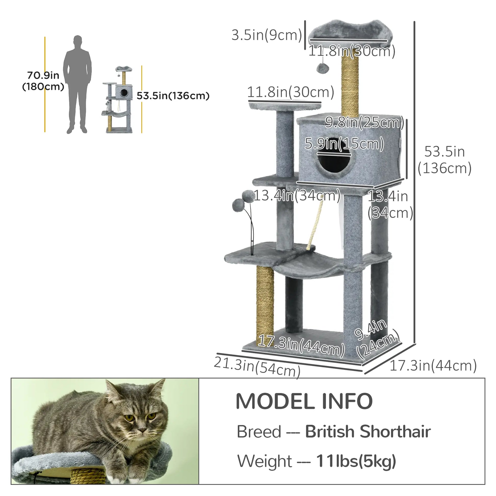 54" Cat Tree for Large Cats, Hammock, Scratching Post, Condo, Grey Cat Towers at Gallery Canada