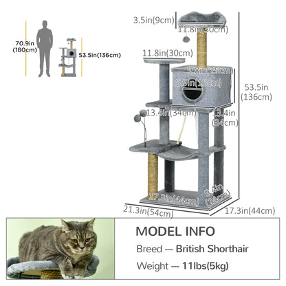 54" Cat Tree for Large Cats, Hammock, Scratching Post, Condo, Grey Cat Towers at Gallery Canada