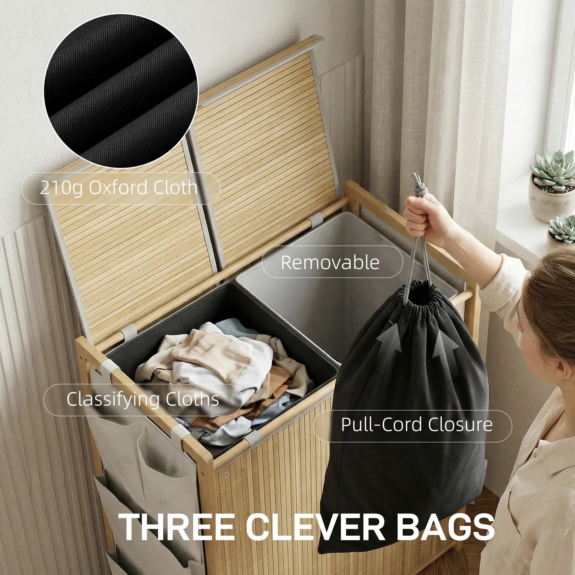 Bamboo Laundry Hamper with Removable Drawstring Bag and Side Storage Pockets, 32 Gal, Natural Bath Accessories at Gallery Canada
