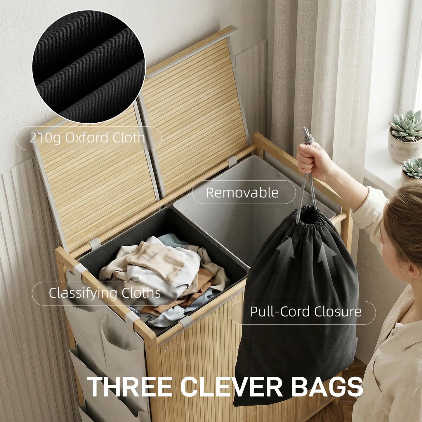 Bamboo Laundry Hamper with Removable Drawstring Bag and Side Storage Pockets, 32 Gal, Natural Bath Accessories at Gallery Canada