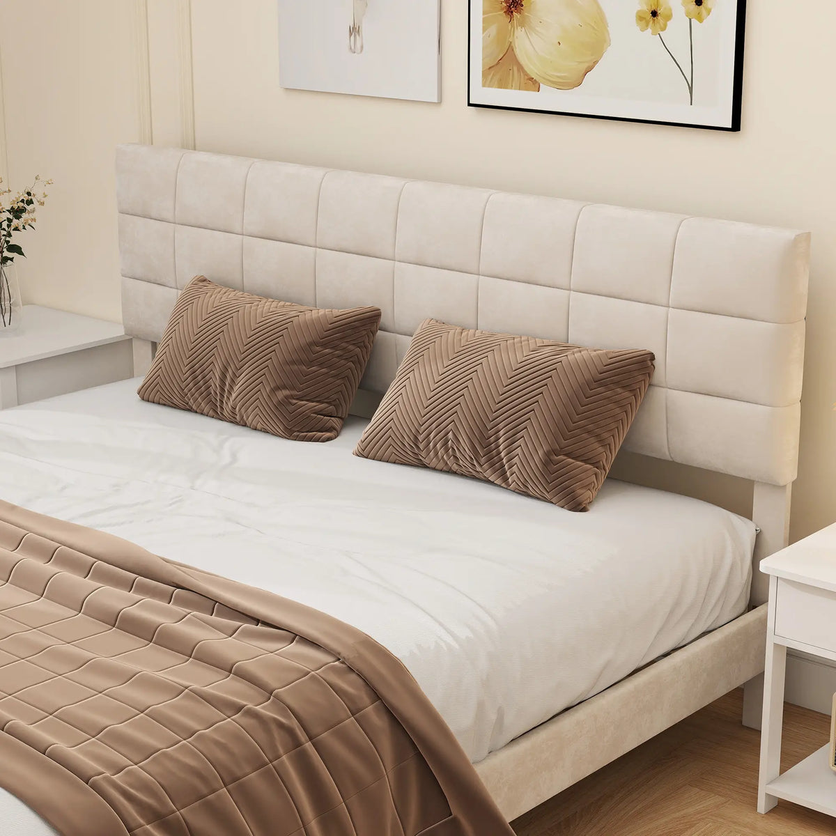 King Size Bed Frame, Upholstered Headboard, Wood Slats, 1100 lbs, Cream Bed Frames at Gallery Canada