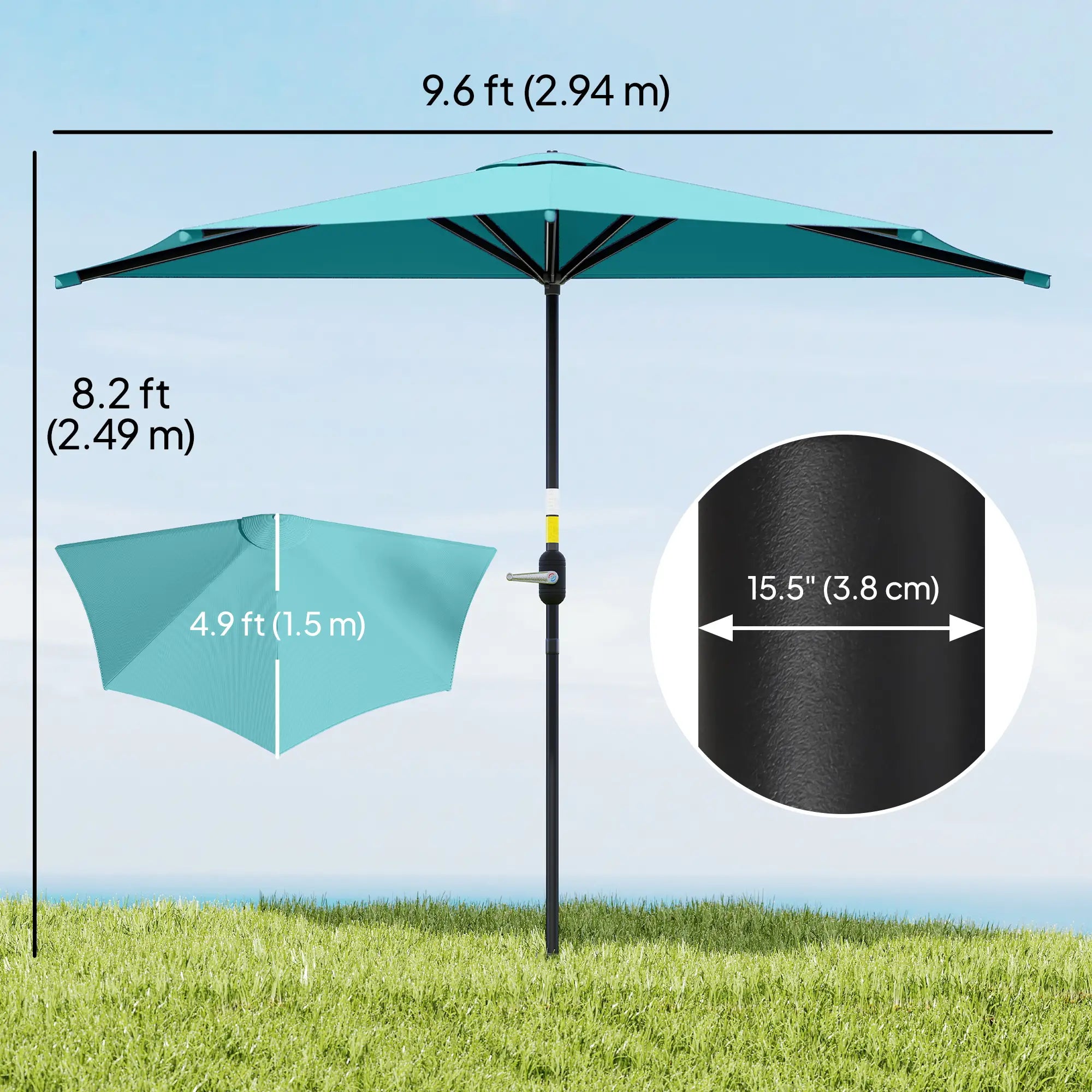 9.8ft Semi Round Patio Umbrella, Crank Handle, Top Vent, Light Blue Half Round Umbrellas at Gallery Canada