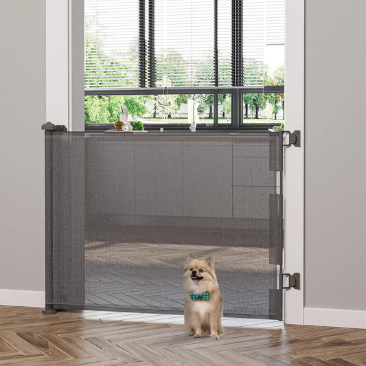 Retractable Pet Gate, 33.5" Tall, 59.1" Wide, Foldable Mesh, Grey Houses, Kennels & Pens Grey at Gallery Canada