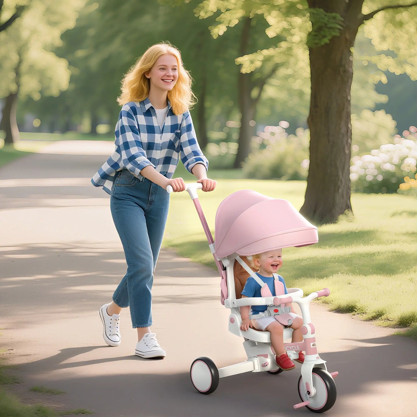 7 in 1 Toddler Tricycle, Safety Harness, Adjustable Parent Handle, Pink Tricycles for Kids at Gallery Canada