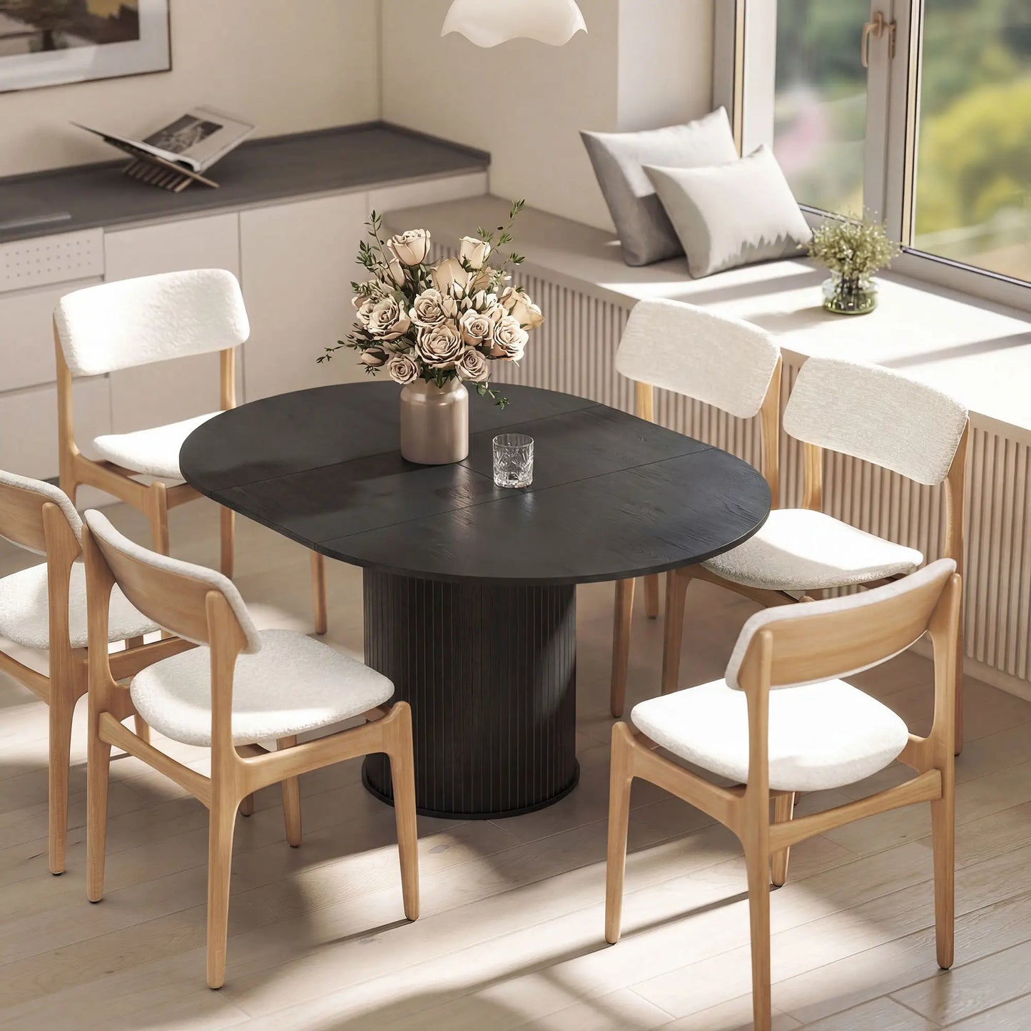 Extendable Kitchen Table, 43.5"-59", Black Wood Grain, Pedestal Base, Black Dining Tables at Gallery Canada